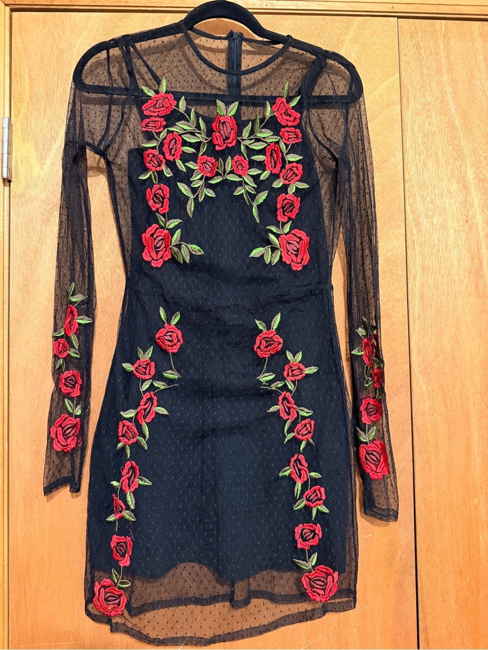 Black Sheer Long-Sleeve Dress with Red Rose Embroidery 2 pices Size M
